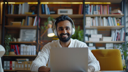 Canvas Print - Portrait of Indian fashionable man businessman. a dancer working in the office on a laptop, wearing headphones, looks and smiles at the camera