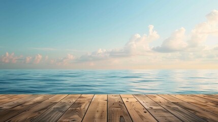 Poster - A wooden deck extends over the calm ocean, with a bright blue sky and white clouds.