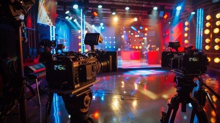 Aufkleber - Two professional cameras are set up on tripods, recording a live event on a brightly lit stage.