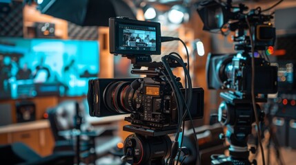 Poster - a professional video camera with a monitor attached is set up on a tripod in a studio, ready to film