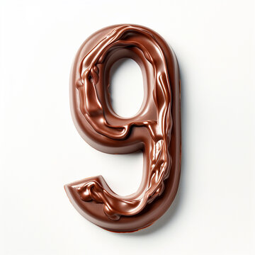 Character '9' made of chocolate, sharp outline, photography on white background