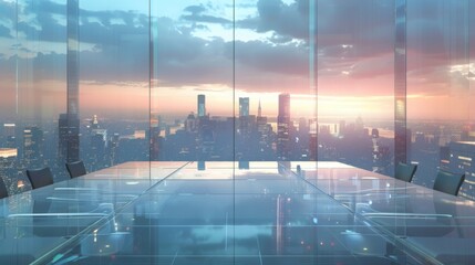 Aufkleber - A large, glass-walled office with an expansive view of a cityscape at sunset. The sun is setting behind the buildings, casting a warm glow on the scene.