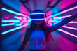 © apimagine - Futuristic minimal cyber neon portrait of girl wearing VR glasses, life in virtual reality. Technological progress and the use of artificial intelligence