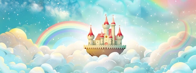 Wall Mural - Illustration enchanted castle floating on a cloud, surrounded by stars and rainbows.