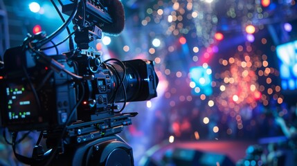 Poster - A professional video camera is positioned in front of a stage with a blurred background of a concert with colorful lights.