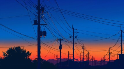 Poster - Silhouette of power lines and utility poles at dusk, with the sky transitioning from blue to orange.