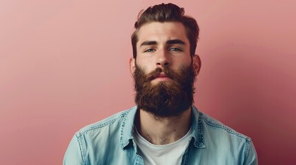 a stylish bearded man in casual attire, posing confidently against a soft pink background, radiating charm and suitable for highlighting text or graphic elements