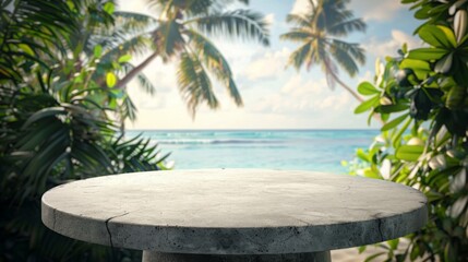 Poster - A round stone table top with a blurred background featuring palm trees and a tropical beach.