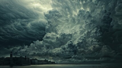 Poster - Thick nimbostratus clouds bringing heavy rain over a coastal town, with dark gray clouds filling the sky.