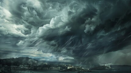 Poster - Thick nimbostratus clouds bringing heavy rain over a coastal town, with dark gray clouds filling the sky.