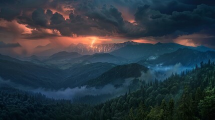 Poster - Thunderstorm over a mountain range, with lightning striking in the distance and ominous clouds overhead.