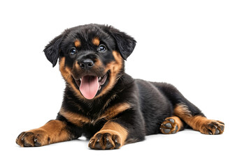 Wall Mural - Rottweiler puppy smiling while relaxing on isolated background