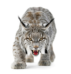 Wall Mural - Lynx in hunting position ready to attack with open mouth and visible fangs