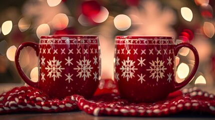 Wall Mural - Festive Red Mugs with Snowflake Patterns and Cozy Knit Scarf in Warm Holiday Lights