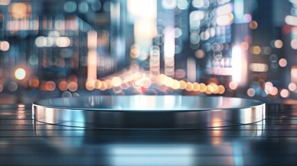 Poster - A circular, metallic platform sits on a dark surface against a blurry backdrop of city lights at night.
