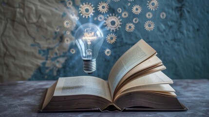 Book of Ideas: Knowledge, Creativity, and Innovation - A glowing lightbulb emerges from an open book, surrounded by cogwheels, symbolizing the power of knowledge, creative thinking, inspiration