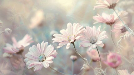 Poster - Delicate pale pink daisies on light background with soft focus