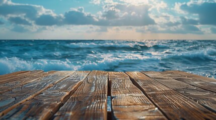 Poster - A wooden deck extends out over a blue ocean with whitecaps and a cloudy sky.