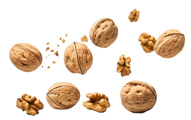 Falling walnuts, full body, on a transparent background