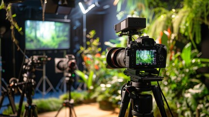 Poster - a camera on a tripod in a studio setting, with a green screen behind it. the camera is pointed at th