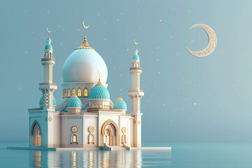 Sticker - 3D illustration of an Islamic mosque and a crescent moon on a blue background. It depicts a spiritual and traditional celebration with architectural beauty.