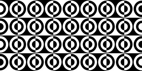 Poster - Black and white checkerboard pattern, circles inside. Seamless vector and monochrome pattern of circles divided in half.