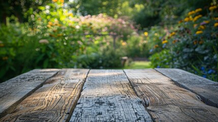 Poster - A wooden tabletop sits in the foreground of a summer garden, surrounded by lush greenery and vibrant flowers.