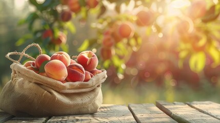 Wall Mural - Peach harvest in a jute sack on a wooden table, with a blurry crop farm background, highlighting fresh and delicious produce