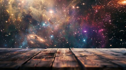 Poster - A weathered wooden plank sits against a backdrop of a starry night sky, featuring a colorful nebula and twinkling stars.