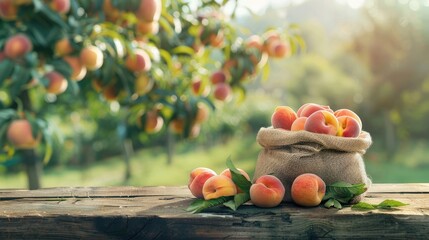 Wall Mural - Peach harvest in a jute sack on a wooden table, with a blurry crop farm background, highlighting fresh and delicious produce