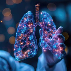 Wall Mural - Hand of a medical professional connecting the anatomy of lungs, highlighting bronchi and alveoli with intricate details for educational purposes