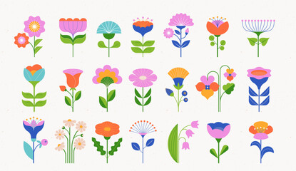 Wall Mural - modern flowers illustrations. geometric, flat style design, folk motif, bright and colorful flowers.