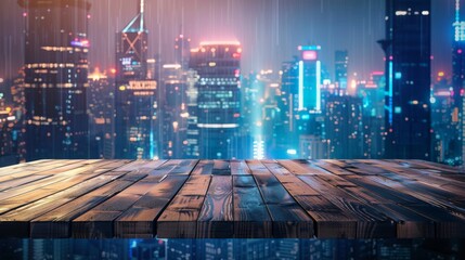 Poster - A wooden table sits in front of a blurred cityscape at night, rain falling in the background.