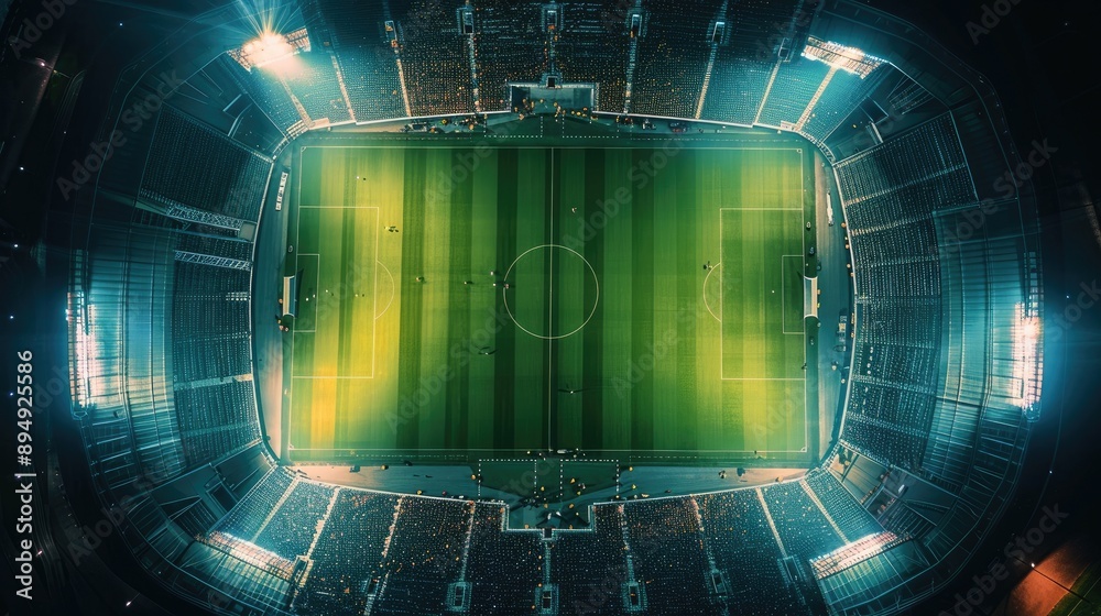Top view of a football stadium with a green grass field, illuminated by ...