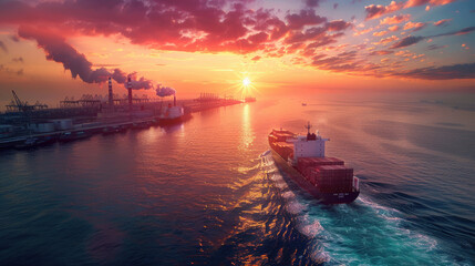 Wall Mural - A cargo ship with containers is docked at the port seen from above during sunset, in front of an industrial area and against the backdrop of sea waters.