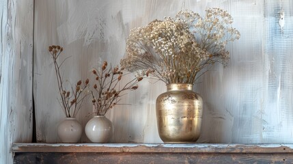 Canvas Print - Golden jar with dried plants on vintage shelf against white