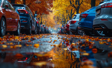 Wall Mural - A row of cars parked on a street with leaves on the ground. The cars are of different sizes and colors, including red, blue, and black.