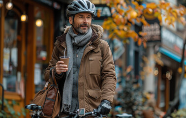 Wall Mural - A man wearing a brown jacket and a scarf is holding a cup of coffee.