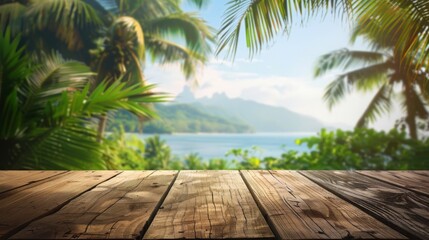 Poster - A wooden table with a blurred background of a tropical beach with palm trees, ocean, and mountains in the distance.