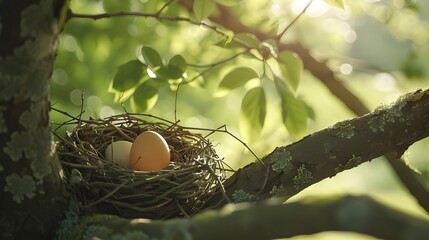 Chicken egg in a soft, leafy nest in a tree