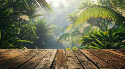 Poster - A wooden deck extends into a lush, green tropical jungle, bathed in the soft light of the morning sun.