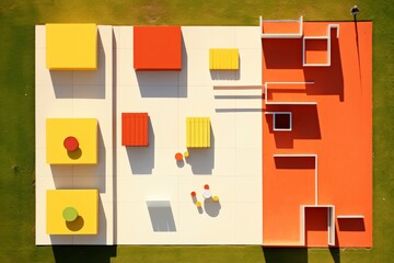 Poster - A large, colorful, and abstract design of a park with orange and yellow buildings. The design is made up of various shapes and sizes, including squares, rectangles, and circles