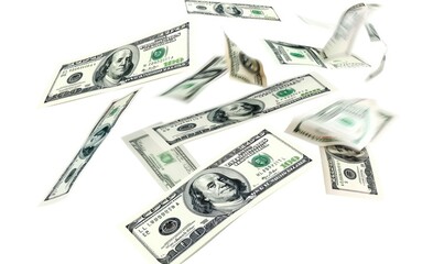 Wall Mural - Dollar bills floating against a white background, highlighting financial freedom.