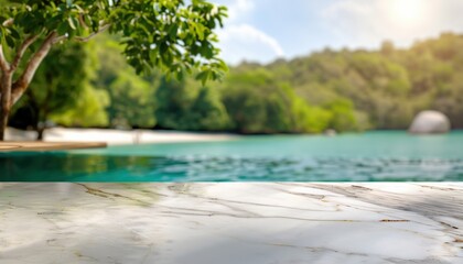 Empty luxury marble table with green sandy beach nature background, marble table for food and product display over blur sandy beach , sandy beach nature outdoor and wood table in spring and summer