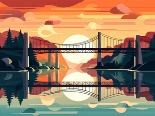 Flat design bridge landscape with sunset and river nature vector illustration