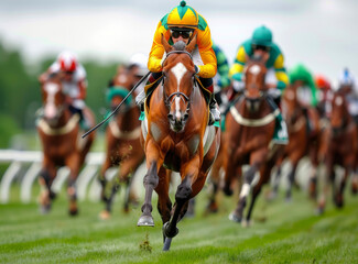 Neck-and-Neck to the Finish Line: The thrill of horse racing captured in a dynamic shot, featuring a pack of thoroughbreds racing towards victory on a lush green track. 