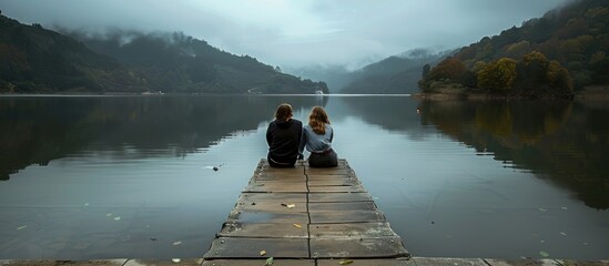 Wall Mural - Couple Sitting on a Dock by a Lake with Misty Mountains in the Background