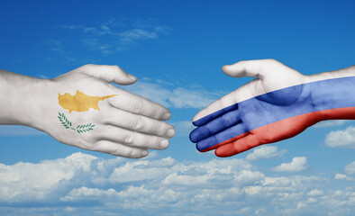 Russian Federation and Cyprus country handshaking with flags, consensus concept international co-operation illustration