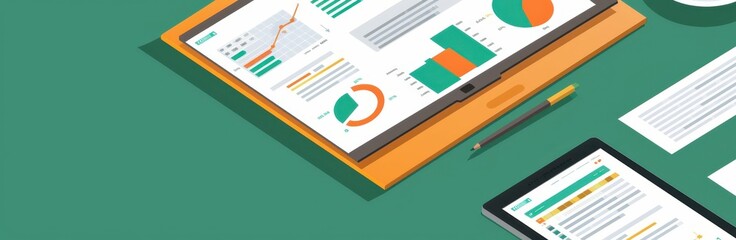 Poster - Business analytics dashboard on tablet with charts, graphs, and reports showcasing financial data and trends on a green background.