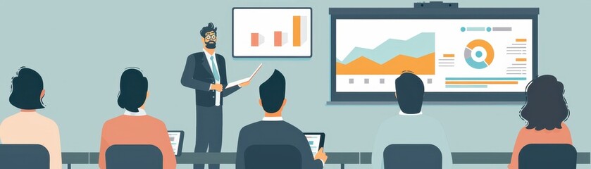 Poster - Business meeting with a professional giving a presentation using charts and graphs on a large screen to an attentive audience.